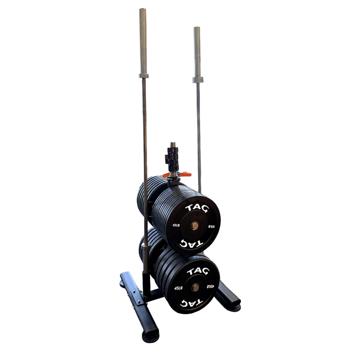 Front view of black weight plate storage rack shown loaded with multiple weight plates