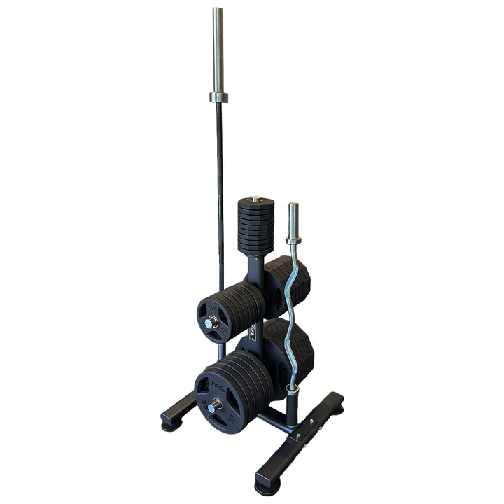 Side view of black freestanding weight plate storage rack shown holding multiple weight plates