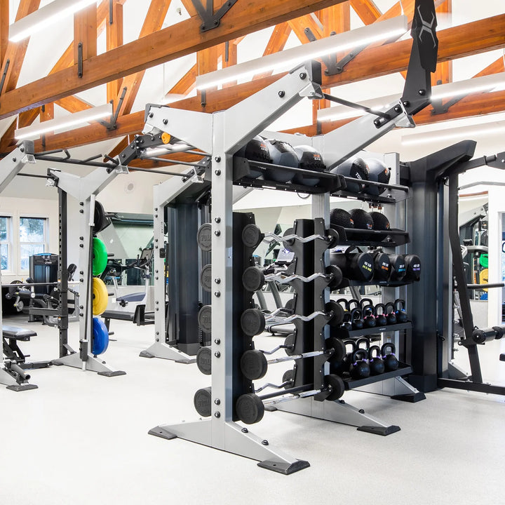 Gym installation featuring Platinum X-CREATE equipment uprights within a modular fitness training setup.