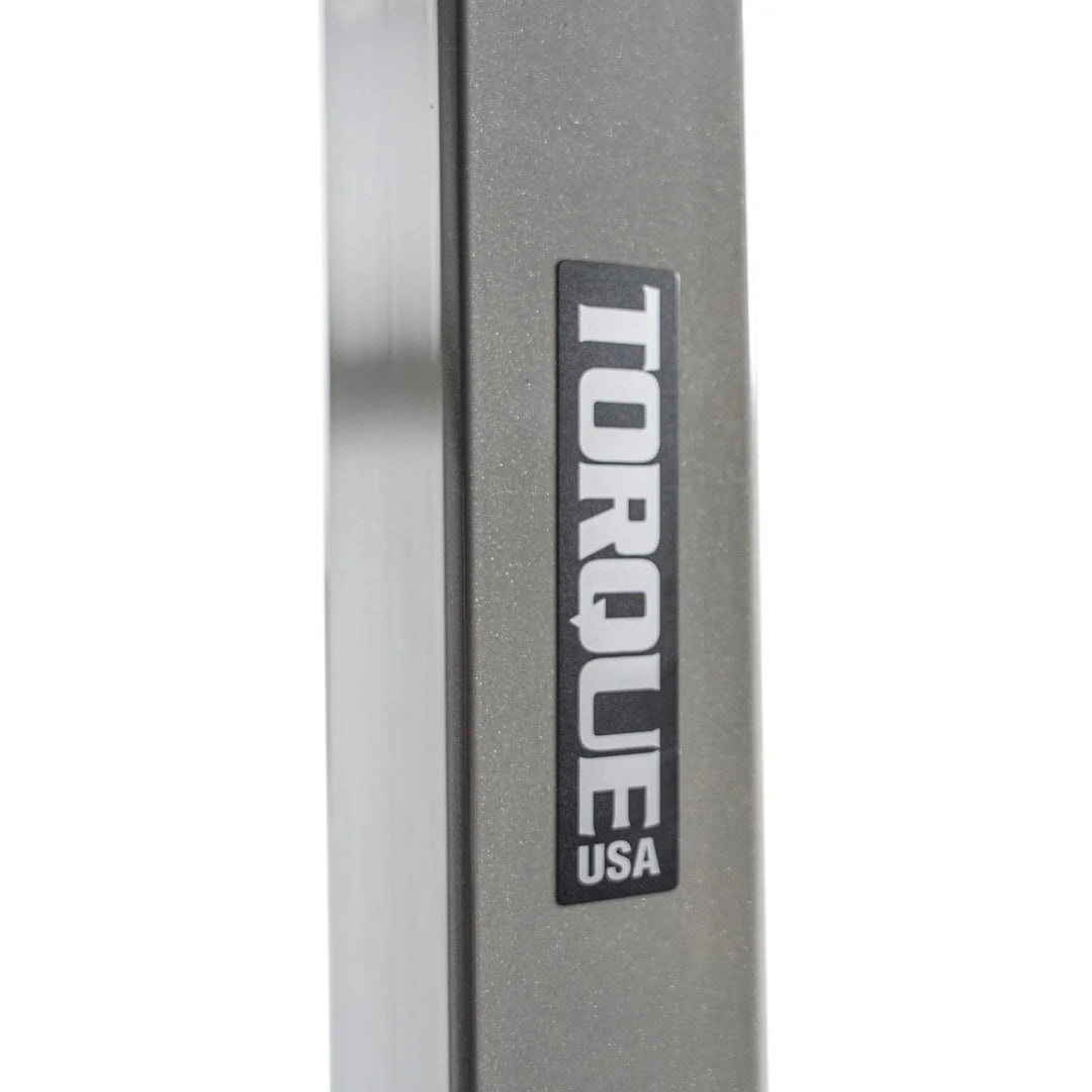 Close-up of X-CREATE 2-sided 8 ft upright in Platinum showing the vertical branding on the steel post.