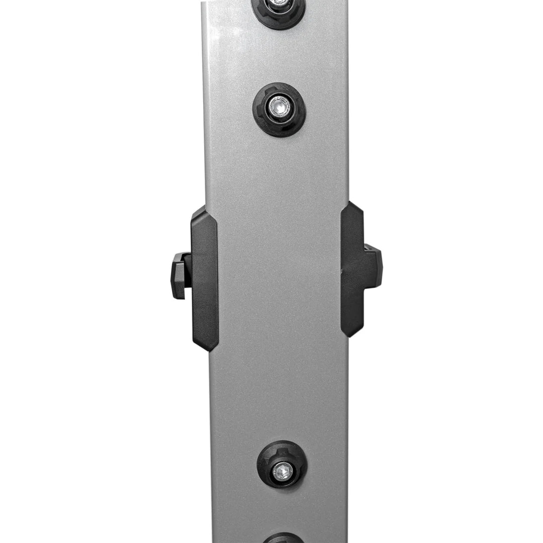 Close-up of X-CREATE 2-sided 8 ft upright in Platinum showing black mounting hardware and attachment points.