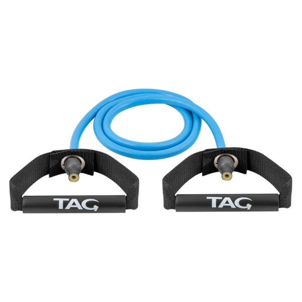 Blue XERTONE heavy resistance stretch cord with black plastic handles for strength training