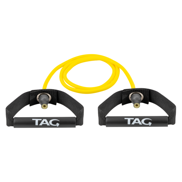 Yellow XERTONE light resistance stretch cord with black plastic handles for strength training