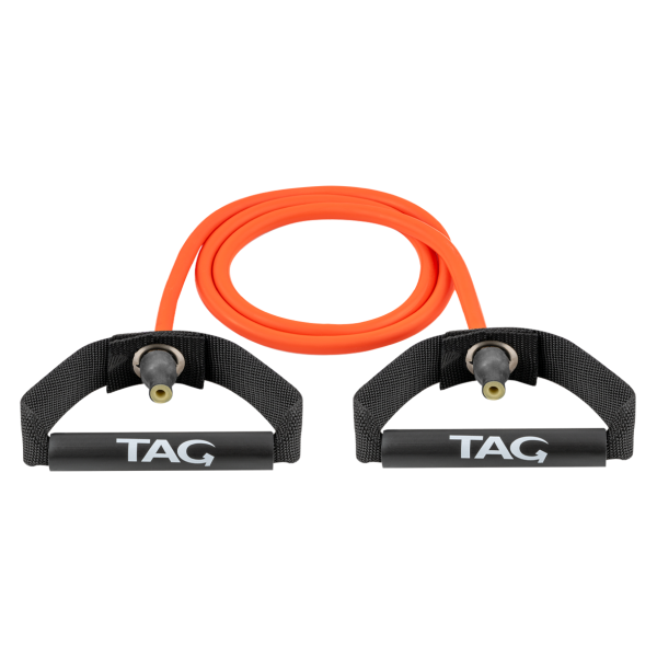 Red XERTONE medium resistance stretch cord with black plastic handles for strength training