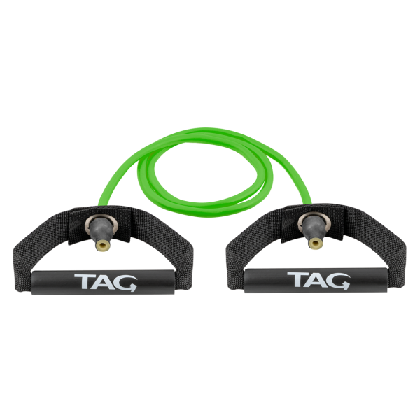 Green XERTONE very  light resistance stretch cord with black plastic handles for strength training