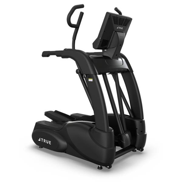 TRUE Performance Series elliptical shown from the rear angle with upright handlebars and console
