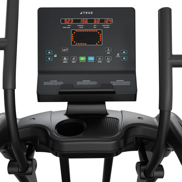 TRUE Performance Series elliptical console with workout display, controls, and accessory holders