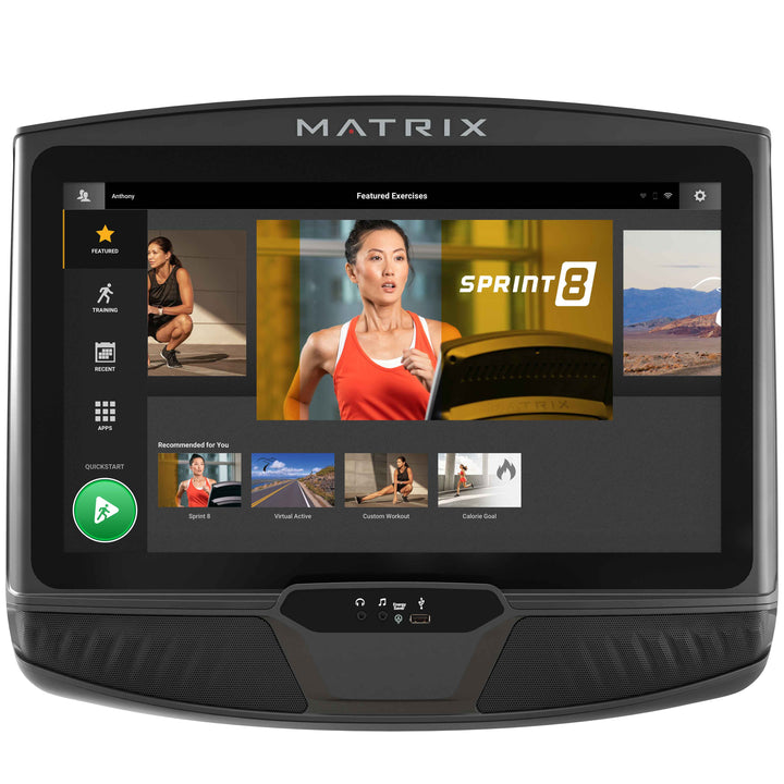 Front view of Matrix XUR console displaying Go Screen interface with workout metrics and intuitive navigation controls