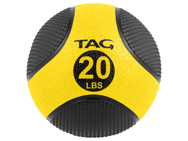 Yellow and black size 20 medicine ball with textured grip surface