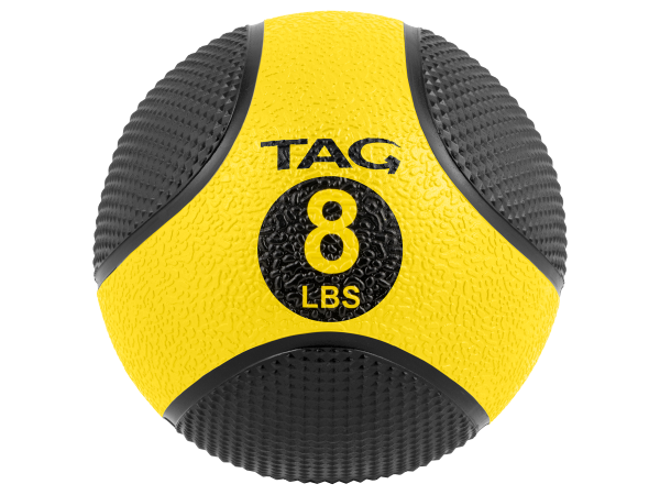 Yellow and black size 8 medicine ball with textured grip surface