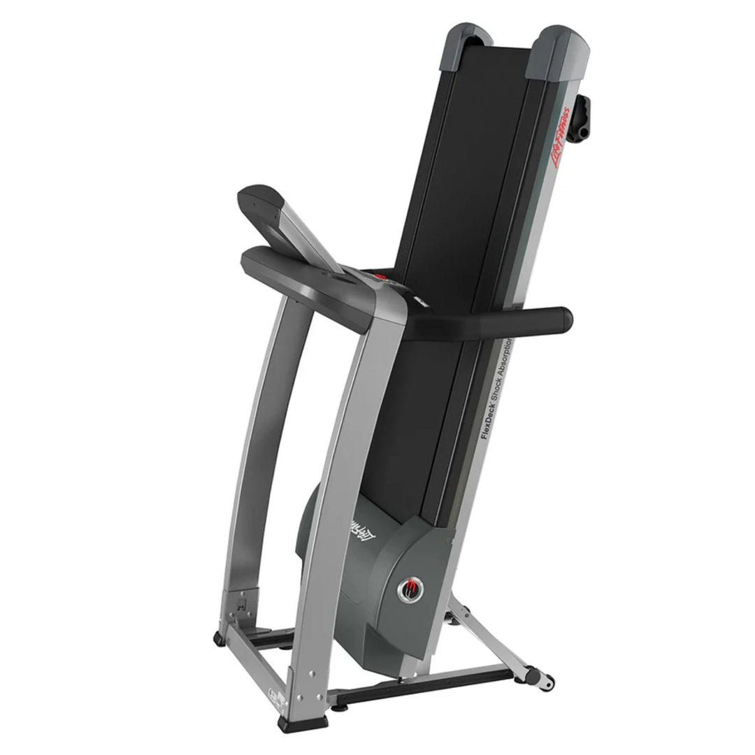 Indoor treadmill with foldable frame and transport wheels for easy storage after workouts