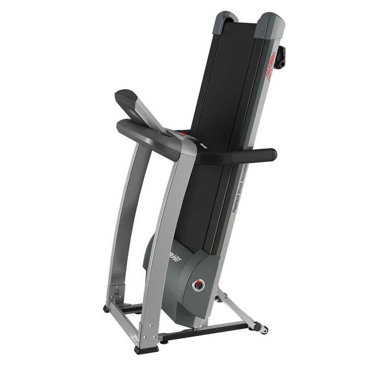 Indoor treadmill with foldable frame and transport wheels for easy storage after workouts