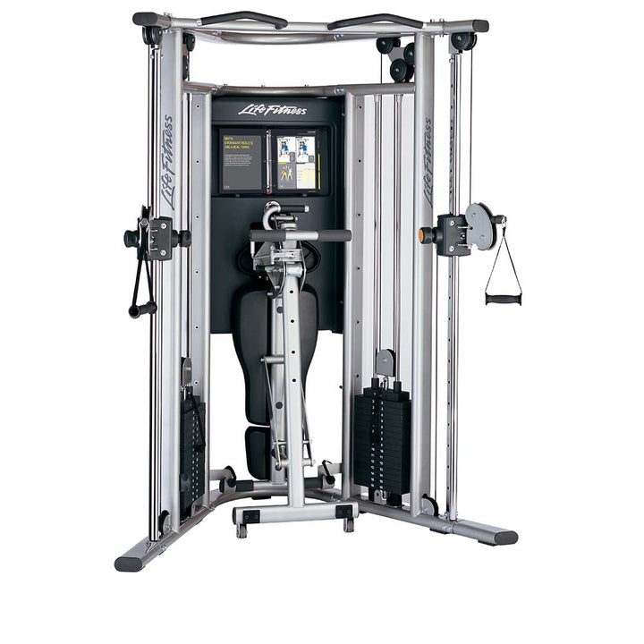 Life Fitness G7 home gym rear view showing dual weight stacks and cable pulley system design