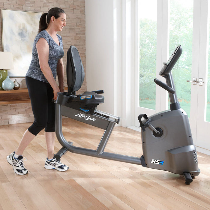 Life Fitness RS3 recumbent bike with transport wheels