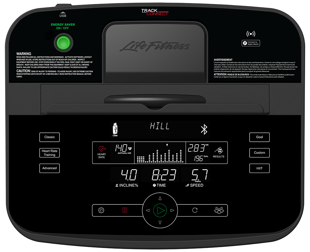Life Fitness console with LCD screen and workout metrics for treadmill training sessions
