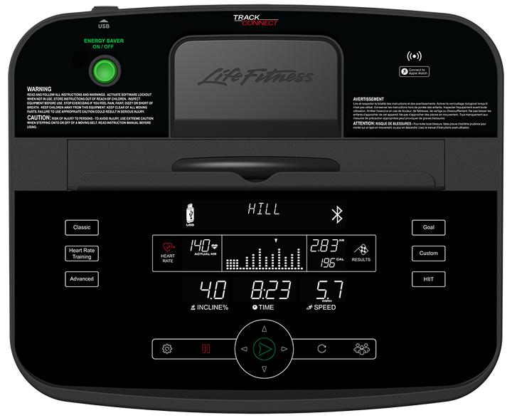 Life Fitness console with LCD screen and workout metrics for treadmill training sessions