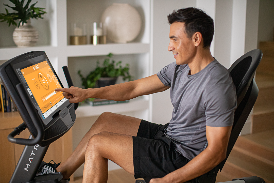 Matrix R50 recumbent bike with XUR console displaying Sprint 8 program