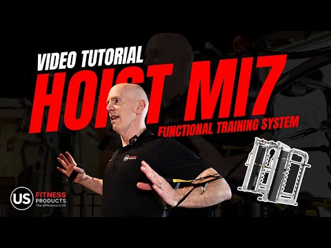 US Fitness demonstrating exercises on HOIST Mi7 functional trainer showing cable system adjustments and full body workout movements