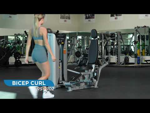 Demonstration of proper biceps curl machine usage showing correct arm positioning and controlled movement