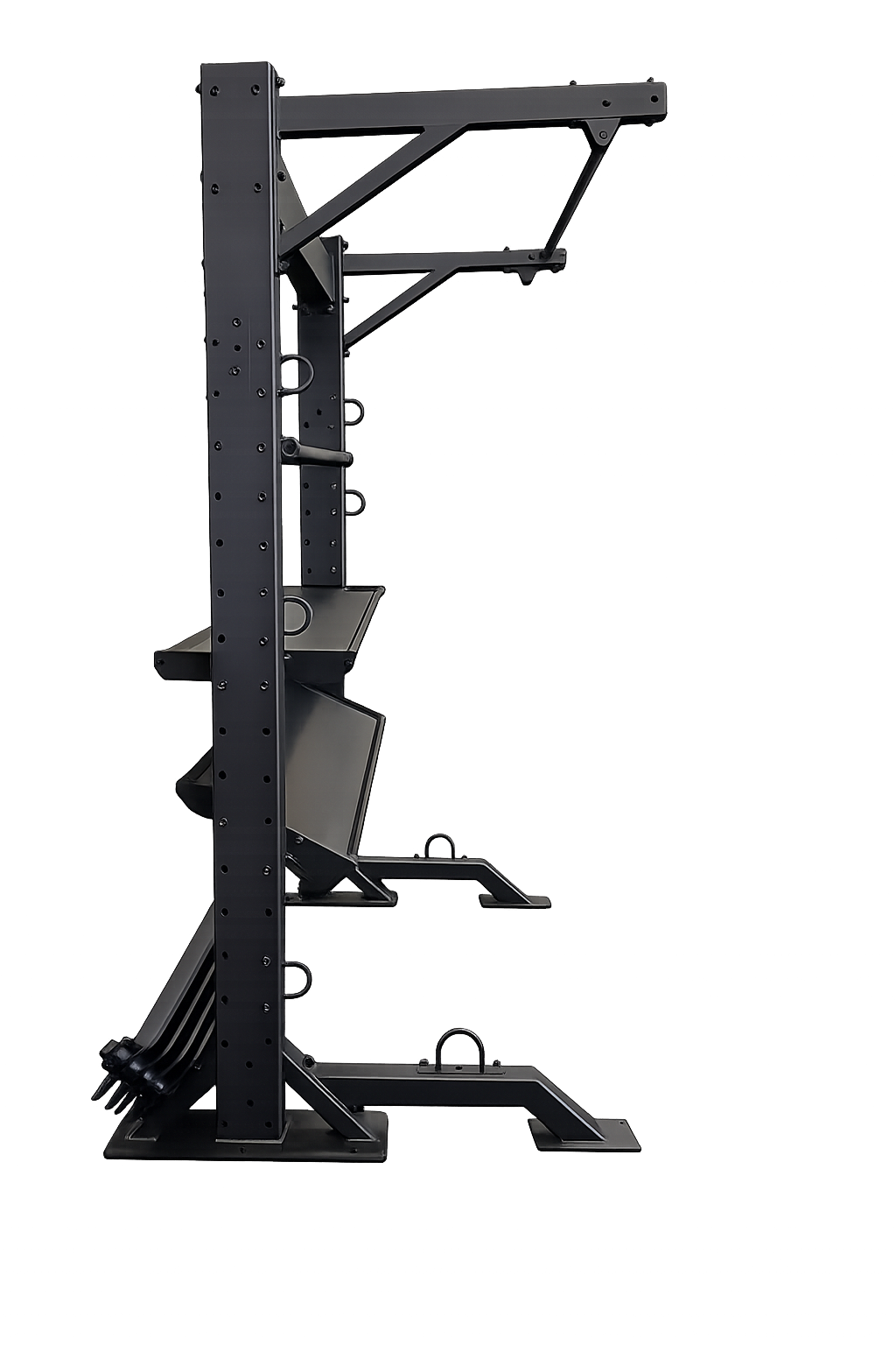 Side view of Standard Fitness Bay showing the slim base, storage structure, and overhead chin-up bar