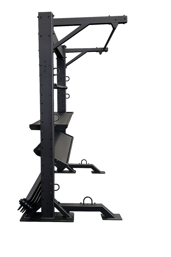 Side view of Standard Fitness Bay showing the slim base, storage structure, and overhead chin-up bar
