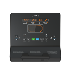 TRUE EMERGE Fitness exercise bike digital console showing workout programs and performance metrics