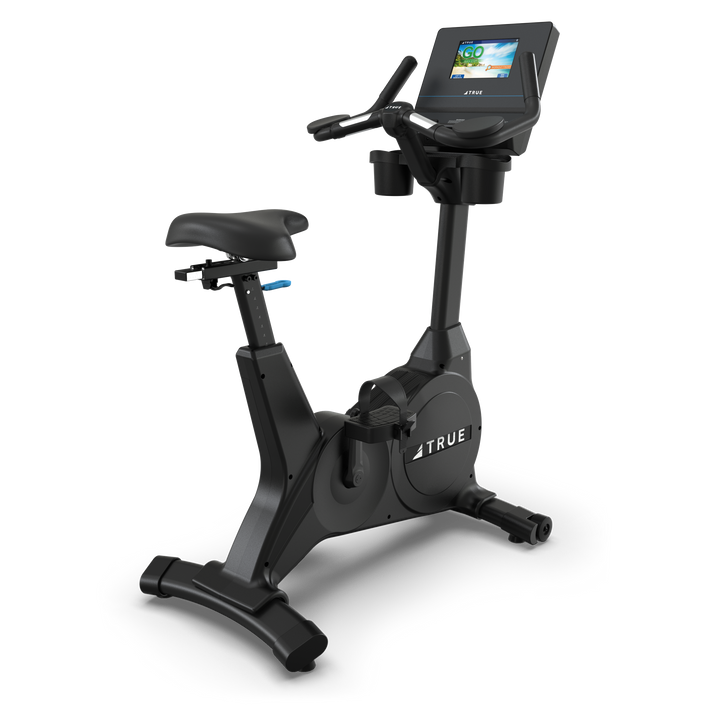 TRUE Fitness upright exercise bike shown from the front and side