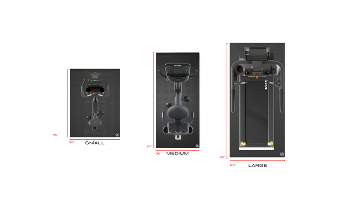 Three sizes of a cardio equipment treadmill mat (Small, Medium, Large) with dimensions on a white background.